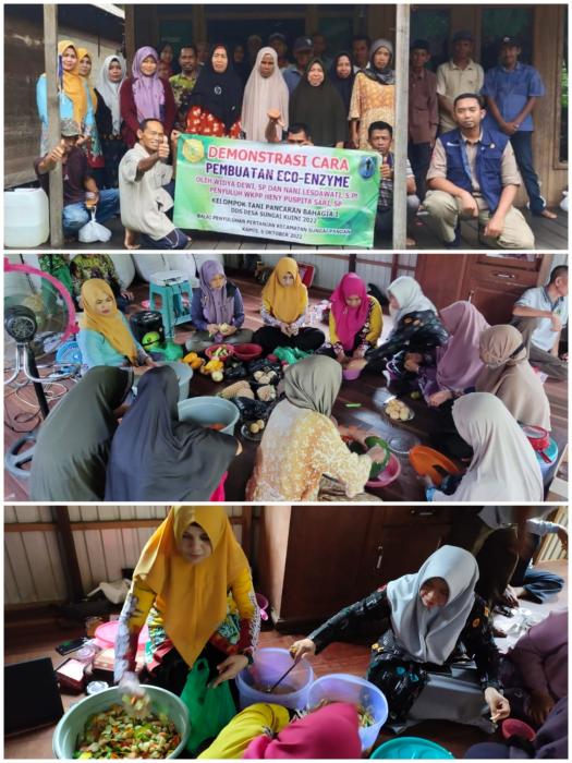 Kegiatan Demonstrasi Cara "Pembuatan Eco-Enzyme" di Kelompok Tani Pancaran Bahagia I, Desa Sungai Kuini Kecamatan Sungai Pandan Kabupaten Hulu Sungai Utara